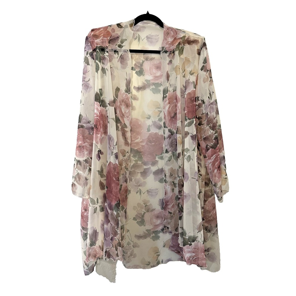 VTG Womans Floral Duster Cardigan Size 18‎ Cottage Rosette Garden Scalloped Trim